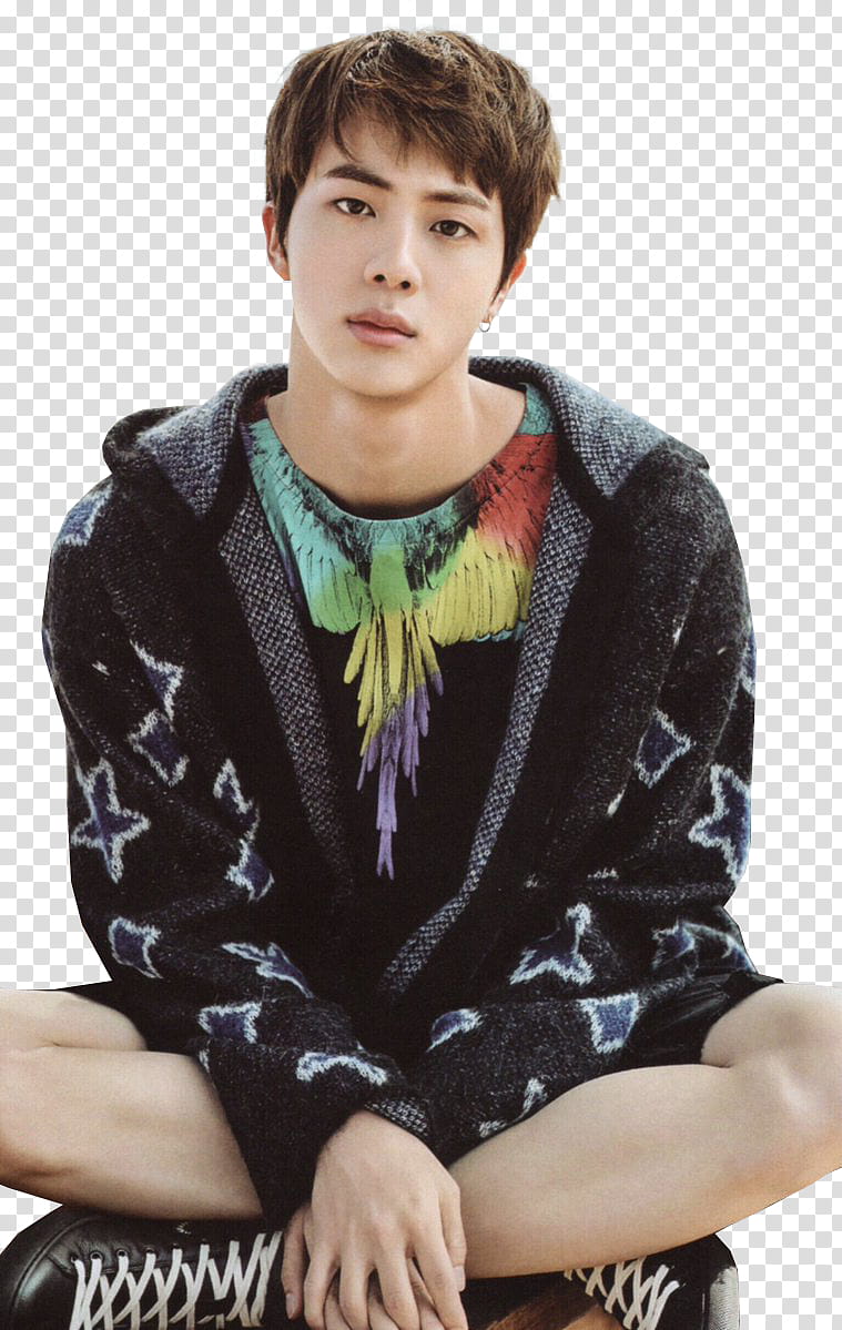 Jin BTS, man wearing hoodie squatting on floor transparent background PNG clipart