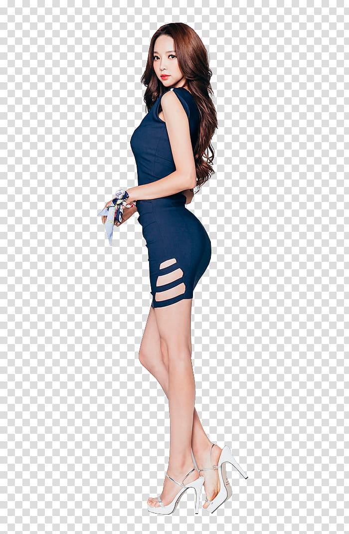 PARK SOO YEON, woman standing while wearing pair of heeled sandals and blue dress transparent background PNG clipart