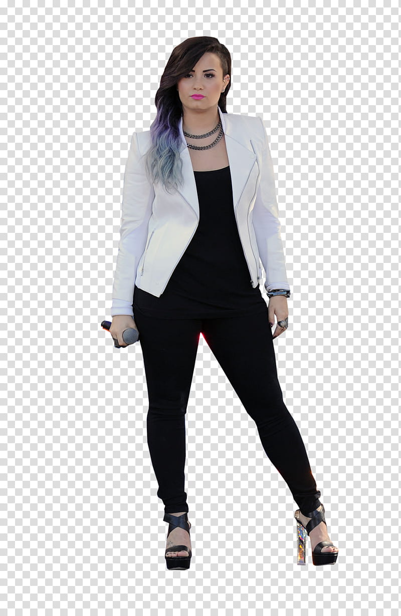Demi Lovato , woman wearing white blazer and black jumpsuit transparent background PNG clipart