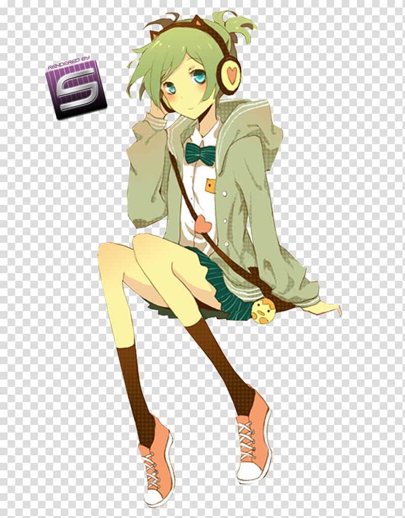 hatsune miku render, green-haired anime character wearing headset transparent background PNG clipart