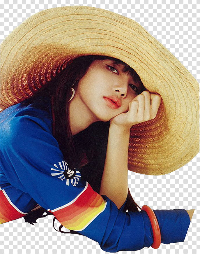Lisa BLACKPINK NYLON JAPAN, woman wearing brown sun hat and blue and red long-sleeved top transparent background PNG clipart