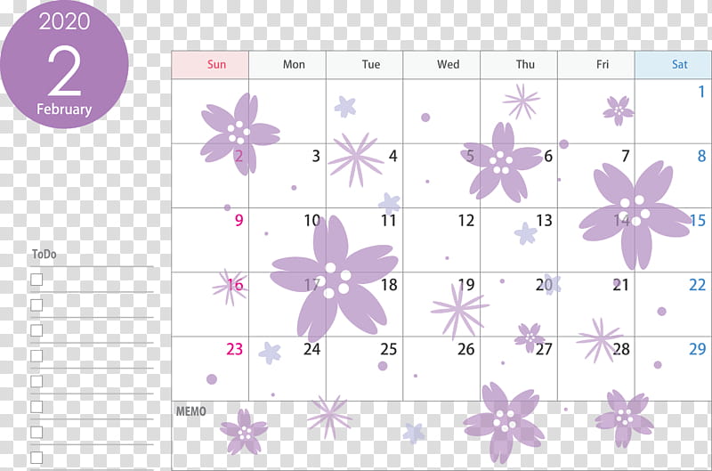 February 2020 Calendar February 2020 Printable Calendar 2020 Calendar, Purple, Text, Lilac, Line, Lavender, Plant transparent background PNG clipart