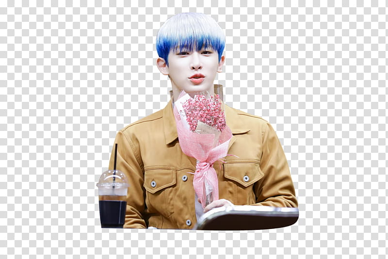 WONHO MONSTA X , man pouting his lips holding bouquet of flowers transparent background PNG clipart