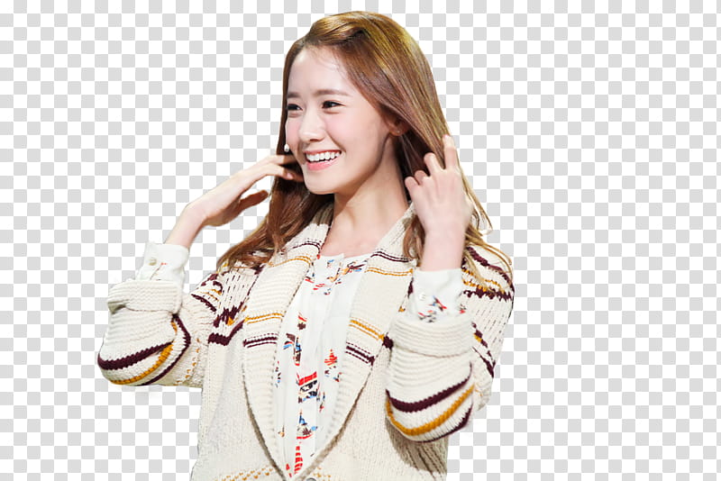 Yoona, smiling woman wearing beige and multicolored cardigan transparent background PNG clipart