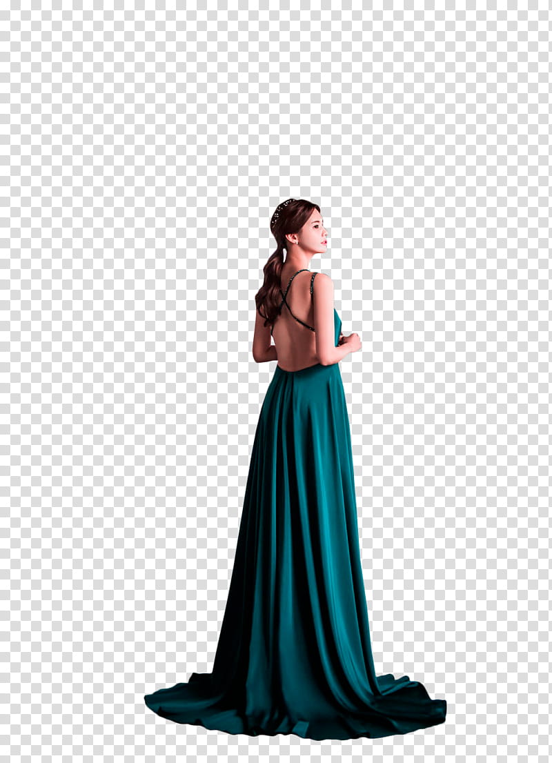 YEON SIL, woman wearing teal trumpet dress transparent background PNG clipart