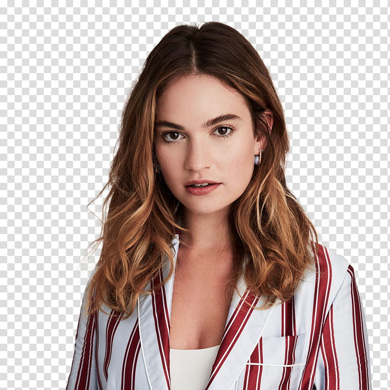 Lily James, smiling woman wearing red and white striped blazer transparent background PNG clipart