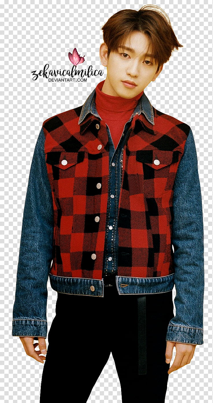 GOT Jinyoung Eyes On You, men's red, blue, and black checkered button-up jacket transparent background PNG clipart