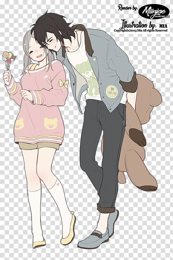 Render: Couple, pareja , woman walking and smiling holding flower beside man carrying life-size bear plush toy behind his back illustration transparent background PNG clipart