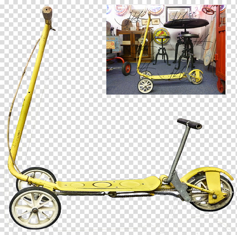 Antique Retro Scooter updated, yellow kick scooter transparent background PNG clipart