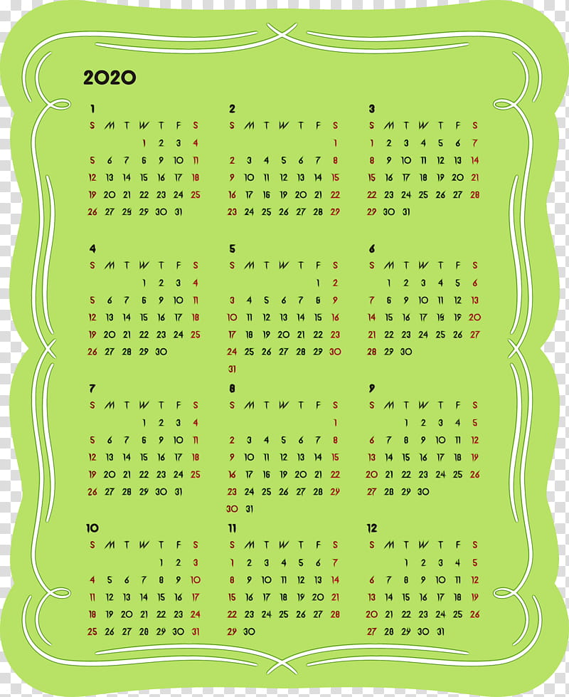 green pattern tableware square rectangle, 2020 Yearly Calendar, Printable 2020 Yearly Calendar, Year 2020 Calendar, Watercolor, Paint, Wet Ink transparent background PNG clipart