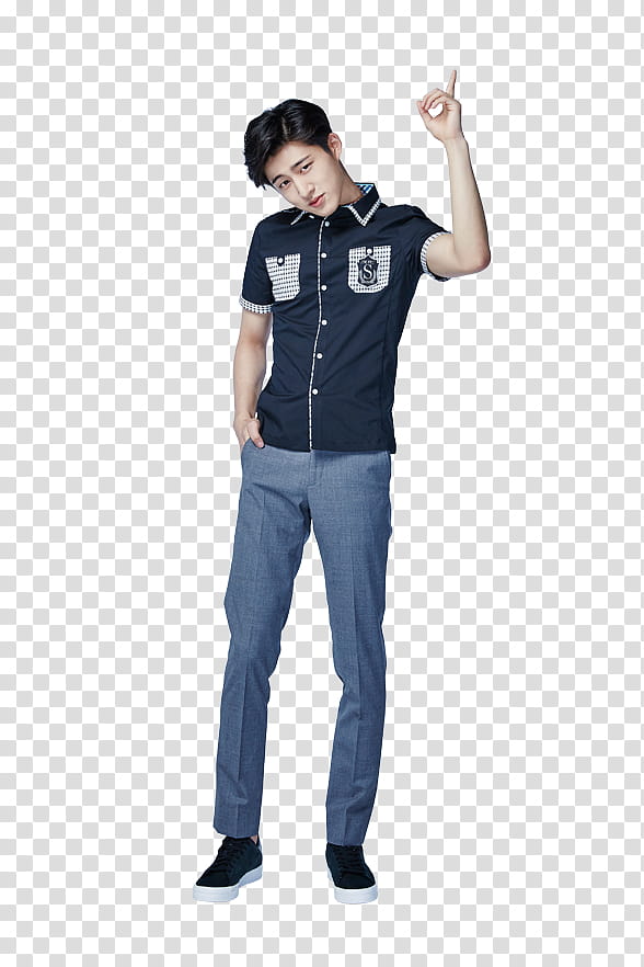 iKON Smart P, man in black collared button-up shirt and blue pants raising left index finger transparent background PNG clipart