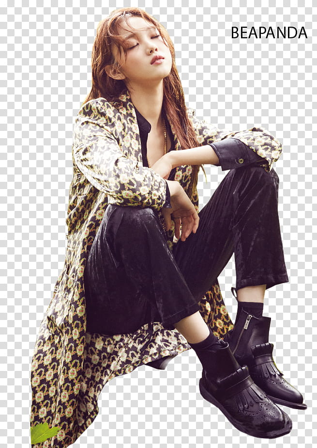 Lee Sung Kyung, sitting woman wearing black and yellow coat transparent background PNG clipart