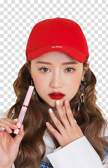 STYLENANDA, woman holding pink lipstick and wearing red Gap baseball cap transparent background PNG clipart