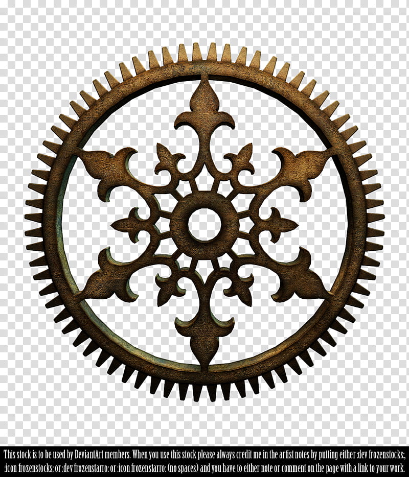 RESTRICTED Steampunk Cog Render, round brown fleur de lis decor illustration transparent background PNG clipart