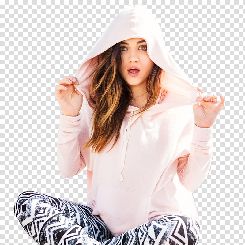 Lucy Hale, woman wearing pink hoodie transparent background PNG clipart