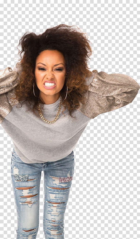 Little Mix, woman in gray crew-neck sweatshirt gritting her teeth transparent background PNG clipart