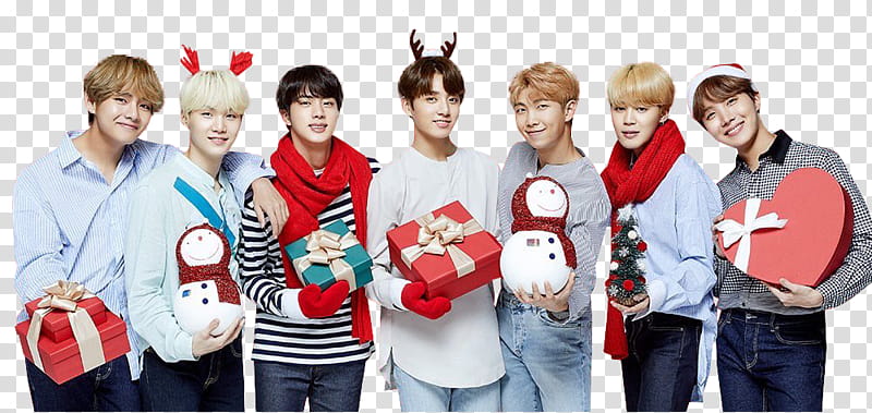 BTS, standing BTS group holding gifts transparent background PNG clipart