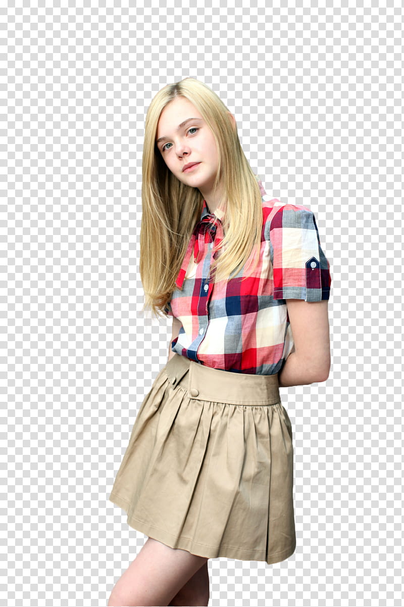 Elle Fanning, woman in red and white plaid top transparent background PNG clipart