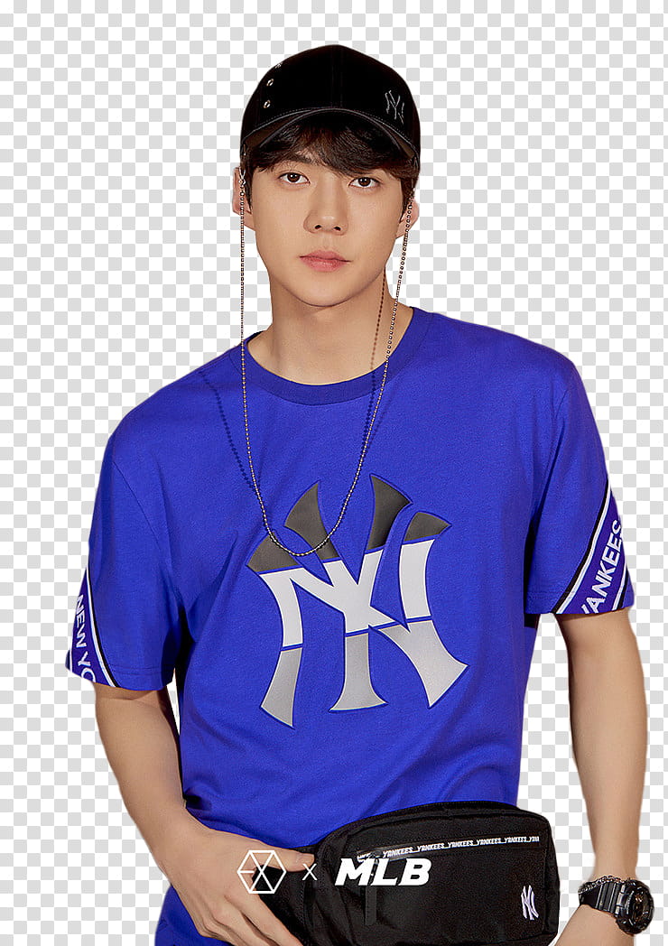 EXO MLB, EXO Sehun wearing blue New York Yankees shirt transparent background PNG clipart