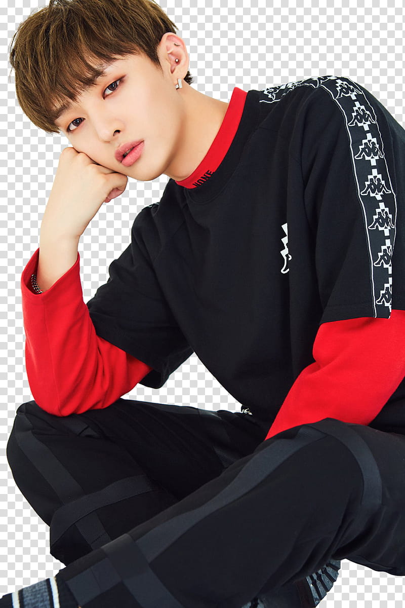 Wanna One SKY VER P, man sitting while holding chin transparent background PNG clipart