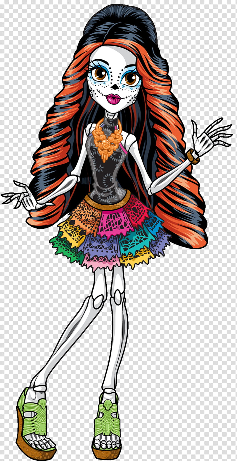 Monster High, girl with sugar skull paint face wearing black mini, red, and blue mini dress illustration transparent background PNG clipart