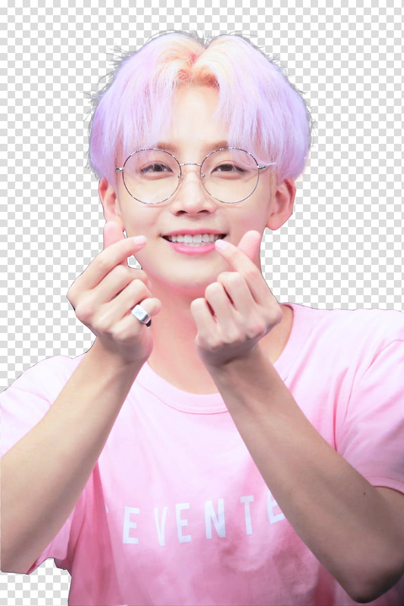 JEONGHAN SEVENTEEN, man in pink t-shirt doing heart hand sign transparent background PNG clipart