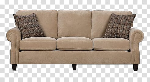 Sofa, brown couch with two throw pillows transparent background PNG clipart