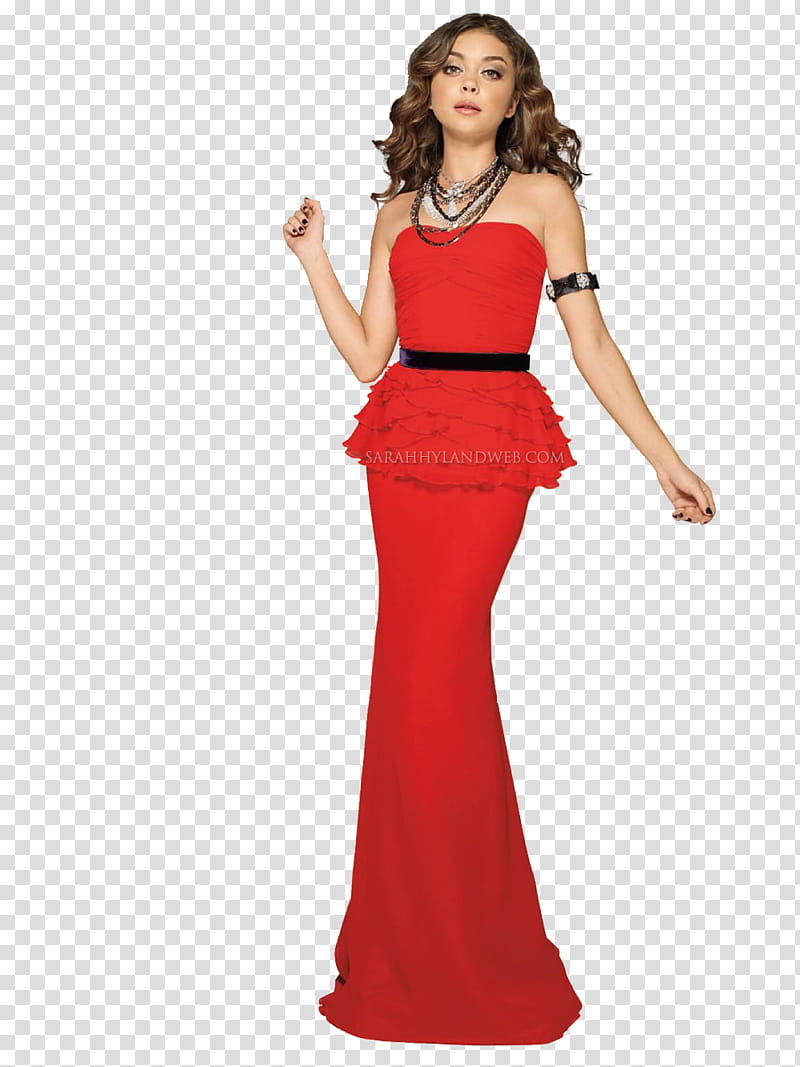 Sarah Hyland , woman wearing red tube-top peplum long dress transparent background PNG clipart