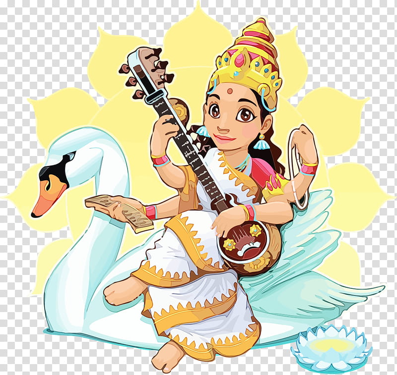 cartoon indian musical instruments musical instrument, Vasant Panchami, Basant Panchami, Saraswati Puja, Watercolor, Paint, Wet Ink, Cartoon transparent background PNG clipart