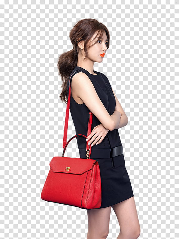 Render  Sooyoung SNSD, standing woman in wearing black sleeveless mini dress in cross hands with red leather -way handbag transparent background PNG clipart