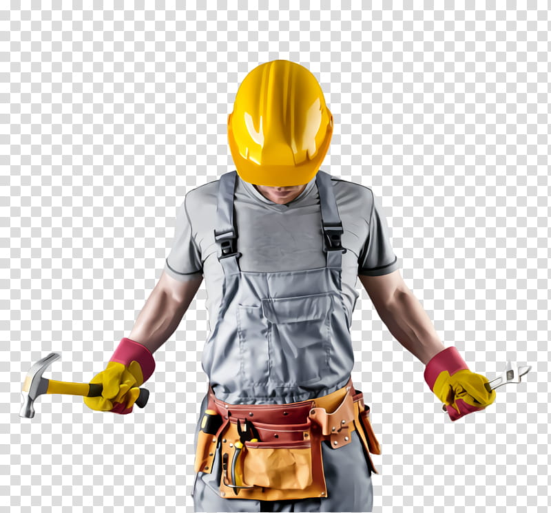 yellow action figure personal protective equipment toy workwear, Figurine, Hard Hat, Construction Worker, Costume, Headgear transparent background PNG clipart