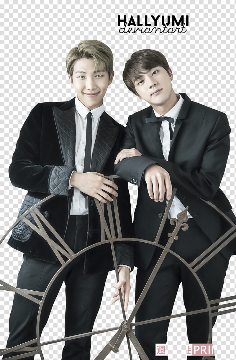 BTS, two men standing beside round brown metal analog clock transparent background PNG clipart