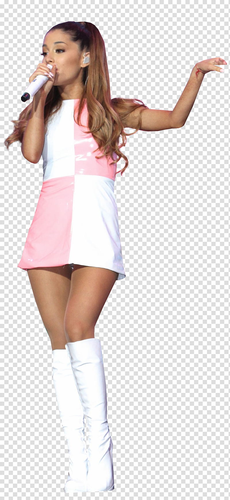 Ariana Grande, Ariana Grande in white and pink sleeveless dress holding a microphone transparent background PNG clipart