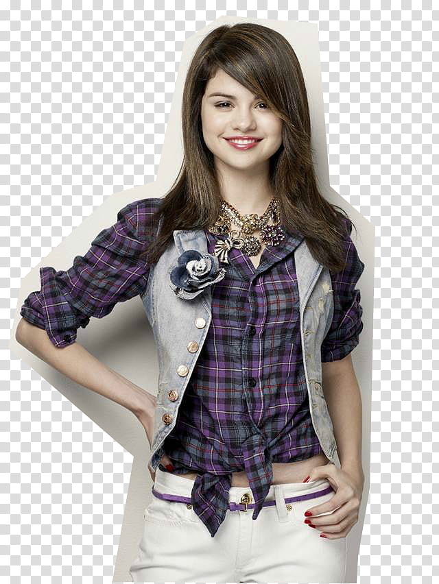 Seiena Gomez in purple and black plaid shirt transparent background PNG ...