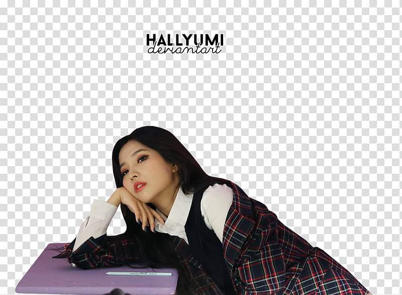 Soyeon and Yuqi, woman leaning face on right hand on top of desk transparent background PNG clipart
