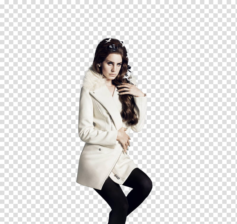 Lana Del Rey, woman wearing white coat hands on body transparent background PNG clipart