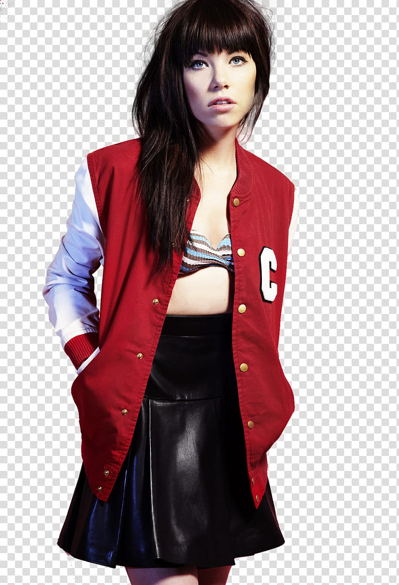 Carly Rae Jepsen, woman in red and white letterman jacket transparent background PNG clipart