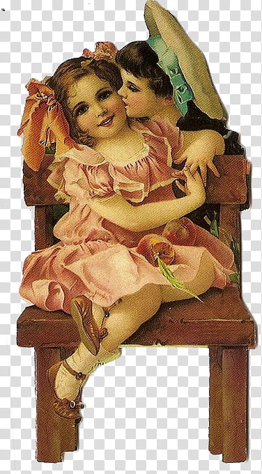 Vintage victorian clips in, one girl kissing girl's cheek sitting on brown wooden chair art transparent background PNG clipart