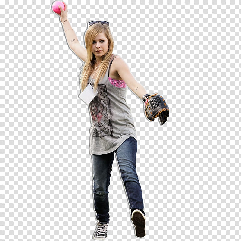 avril lavigne, Avril Lavigne wearing blue jeans holding pink cricket ball transparent background PNG clipart