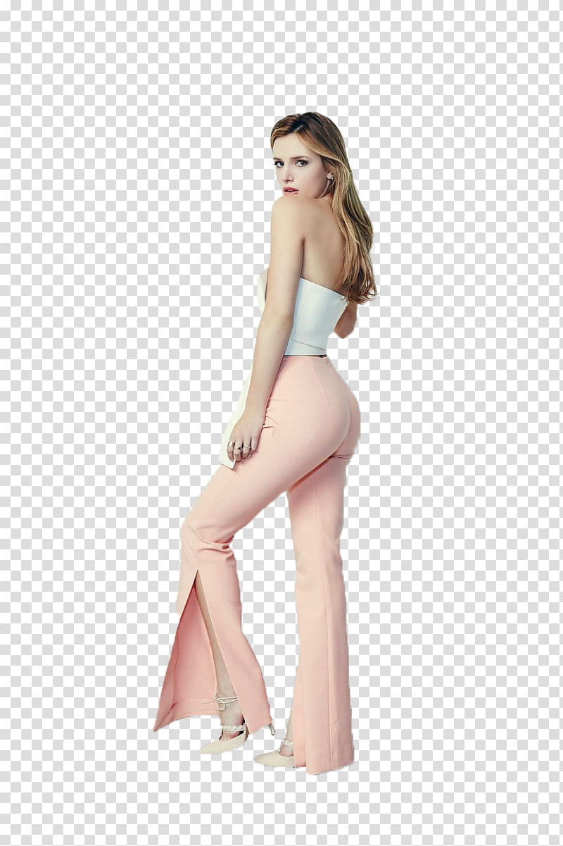 Bella Thorne, woman wearing tube top and salmon-colored pants with slit transparent background PNG clipart