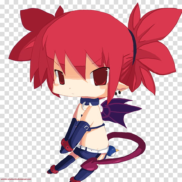 Chibi Etna, red haired girl character in blue outfit with purple wings illustration transparent background PNG clipart