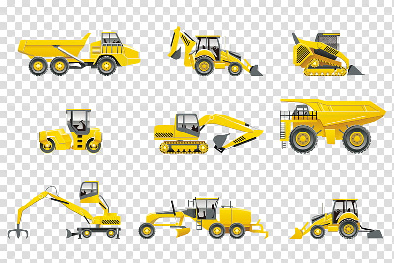 Heavy Machinery Yellow, Excavator, Construction, Backhoe, Tractor, Loader, Crane, Grader transparent background PNG clipart