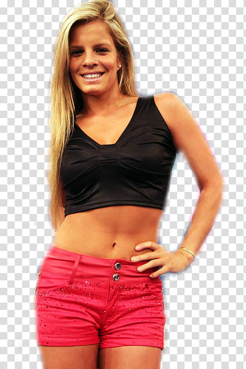 woman wearing black sleeveless crop top and red short shorts transparent background PNG clipart