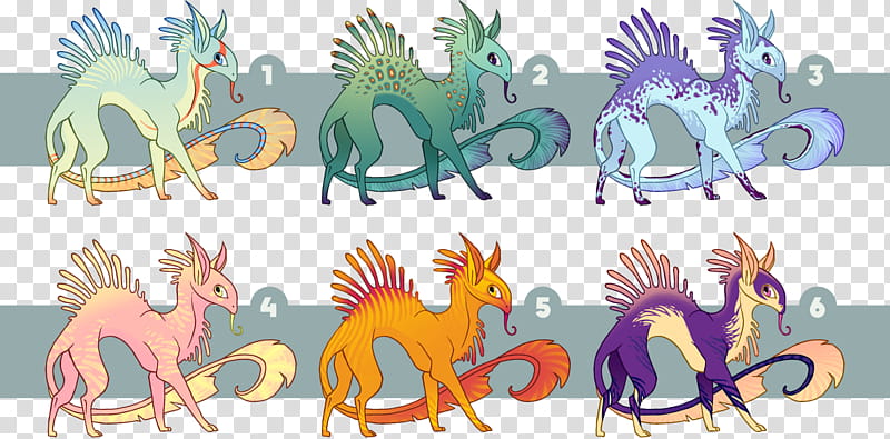 Adoption OPEN, six assorted-color dragon art transparent background PNG clipart