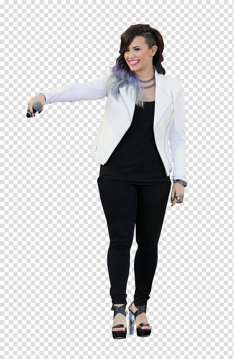 Demi Lovato , woman wearing white blazer holding microphone transparent background PNG clipart