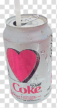 Pink, opened Coke Diet can with straw transparent background PNG clipart
