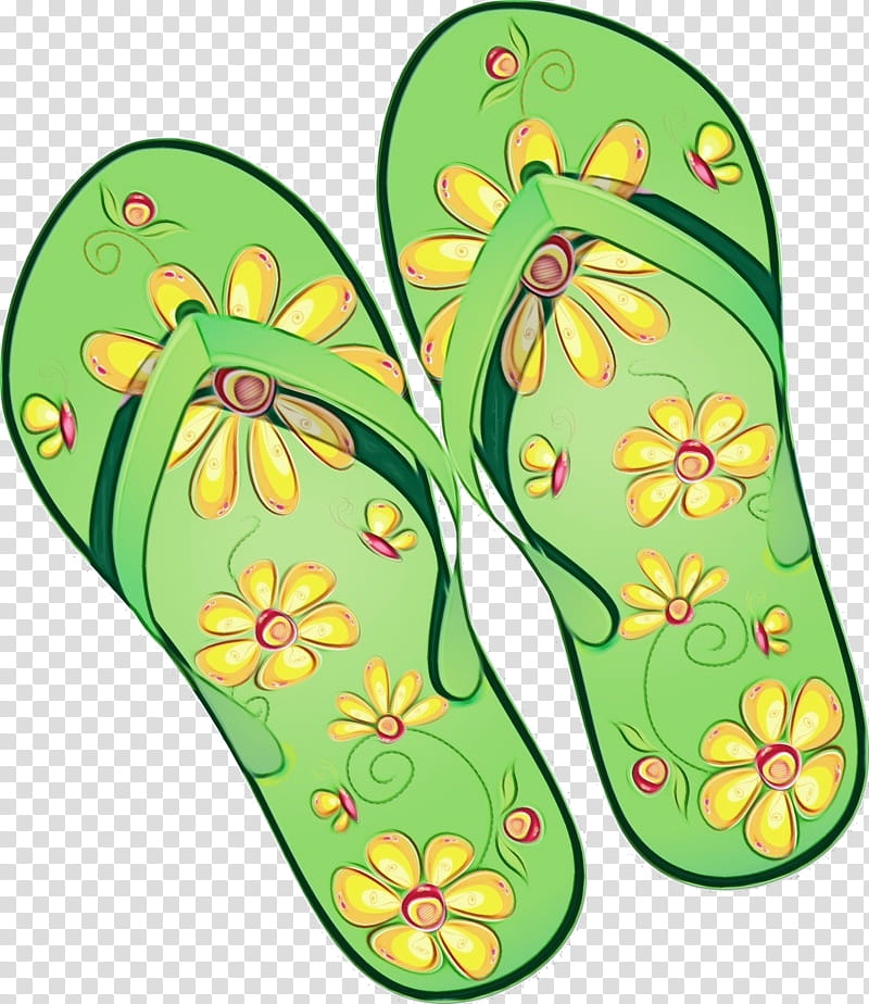 Green Leaf Watercolor, Paint, Wet Ink, Shoe, Flipflops, Walking, Flower, Footwear transparent background PNG clipart
