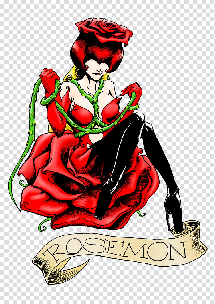 Rosemon tattoo color, girl anime character wearing rose costume with Rosemon text overlay ] transparent background PNG clipart