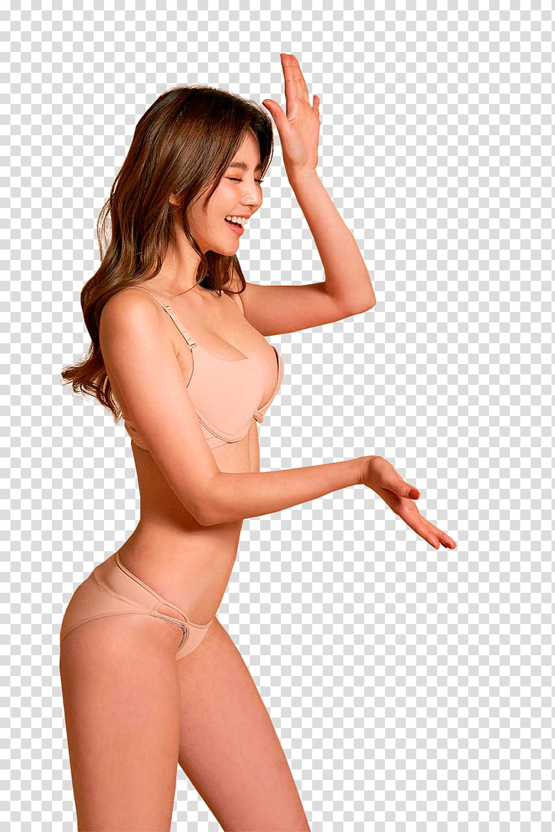 CHAE EUN, woman wearing beige brassieres and panties transparent background PNG clipart