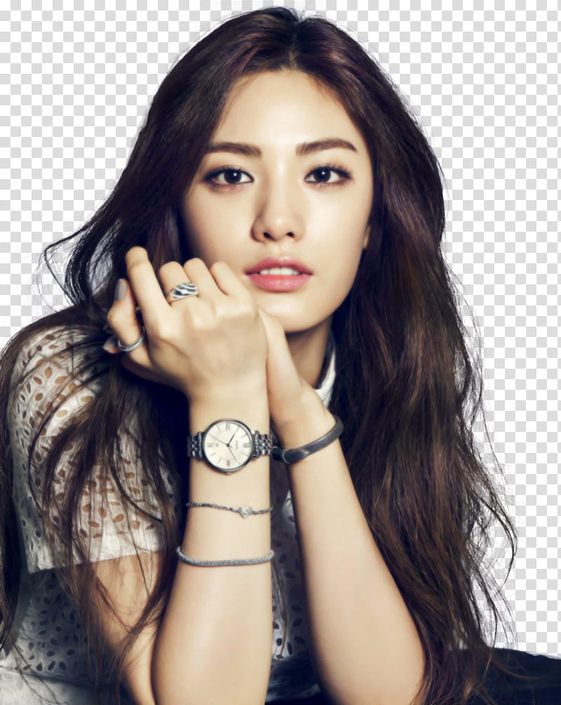 IM JIN AH NANA, woman wearing gray analog watch with link bracelet transparent background PNG clipart